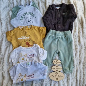Lot Winnie 9 mois garçon , 3 tess shirt winnie l'ourson , un pull blanc et vert , un pantalon vert aevc un gilet epais noir