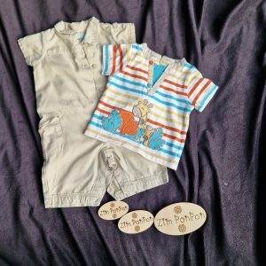 Lot combinaisons 3 mois garçon , tee-shirt ligne de couleur jaune rouge et bleu , combinaison été