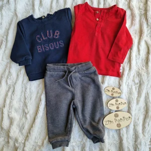 Lot bisou 9 mois garçon , téé-shirt rouge longue manche , pull bleu ecrit club bisous , jogging gris