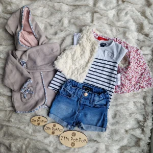 Lot vêtements 6 mois fille , gilet sans manche tout doux , tee-shirt rayé , short bleu