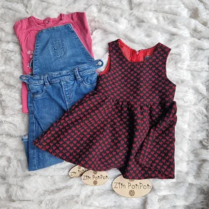 Lot Mathilde 18 mois robe rouge salopette jupe bleu et t-shirt longue manche rose