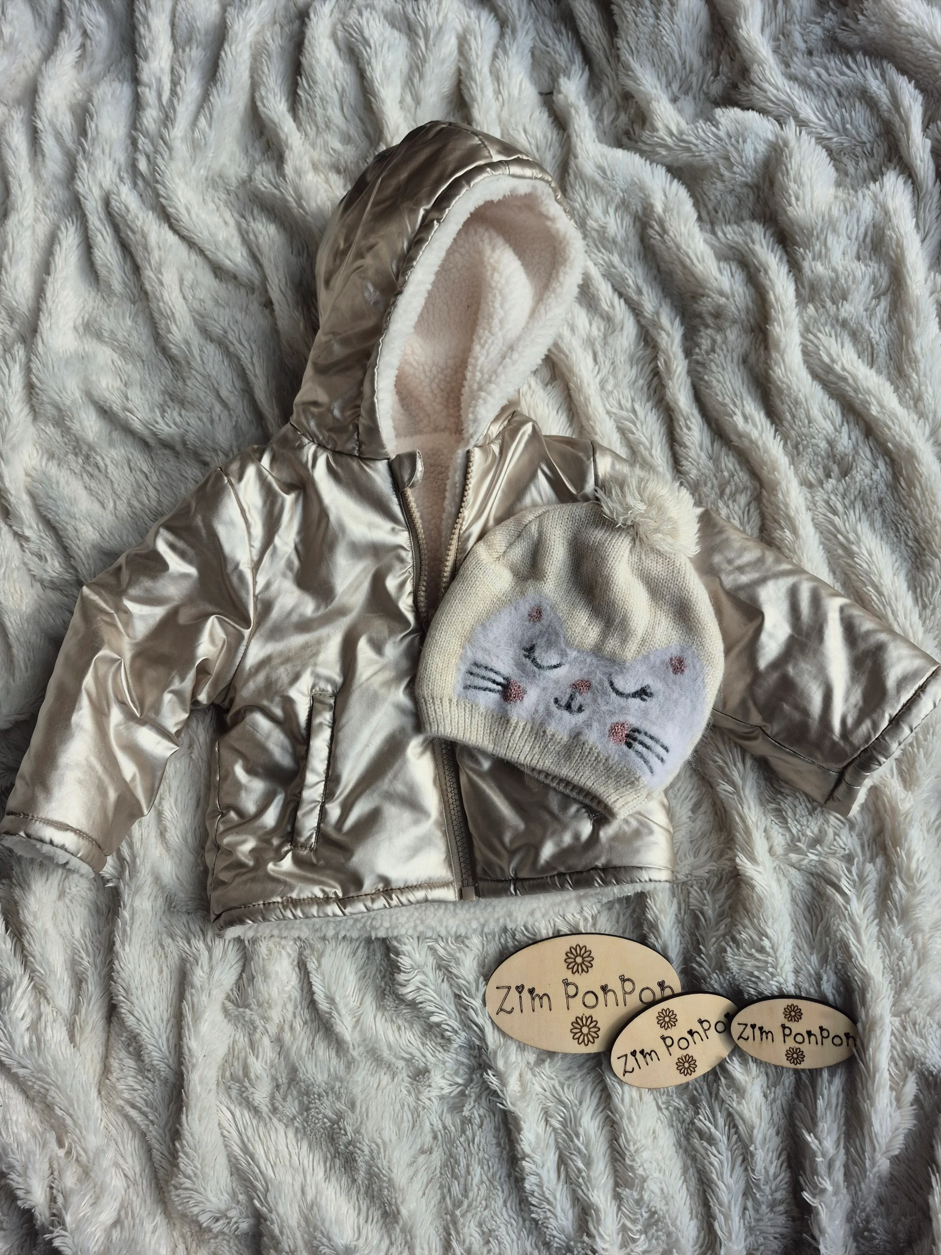 Manteau fille réversible 12 mois avec bonnet chat beige avec capuche