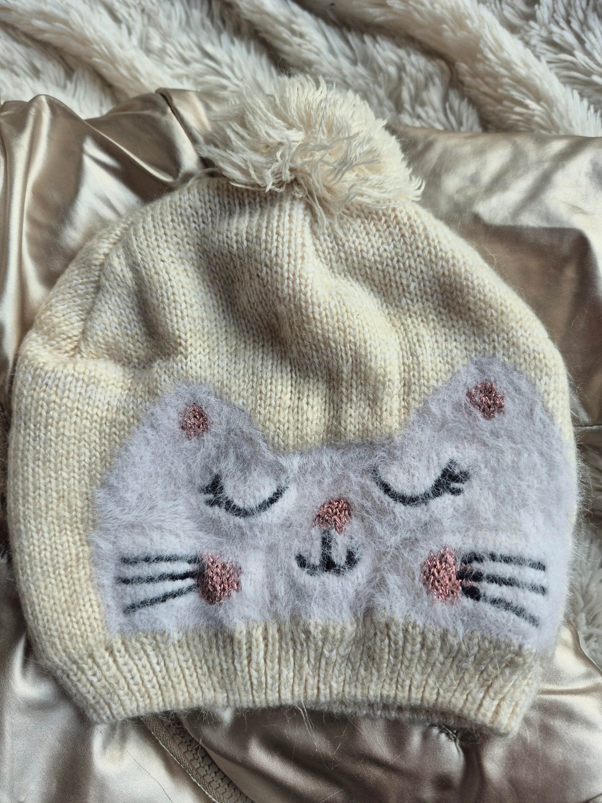 Manteau fille réversible 12 mois avec bonnet chat et pompon beige